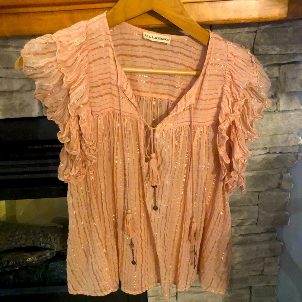 Ulla Johnson peach and metallic top with ruffled sleeves